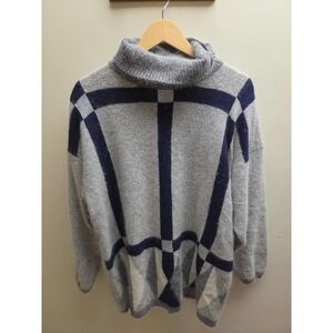 Segue Vintage Silk Angora Wool Turtleneck Sweater Grey Navy Metallic Knit 14/16